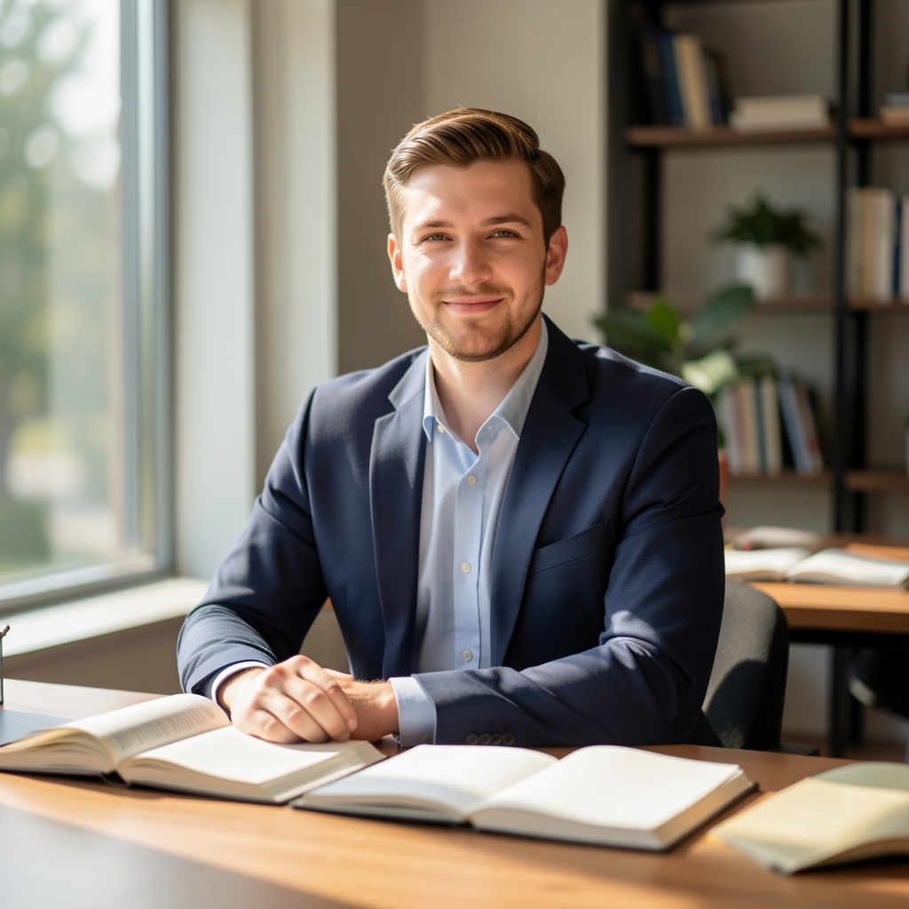 Editorial portrait of a nutrition writer seated at a wooden desk with daylight from a large window illuminating open notebooks