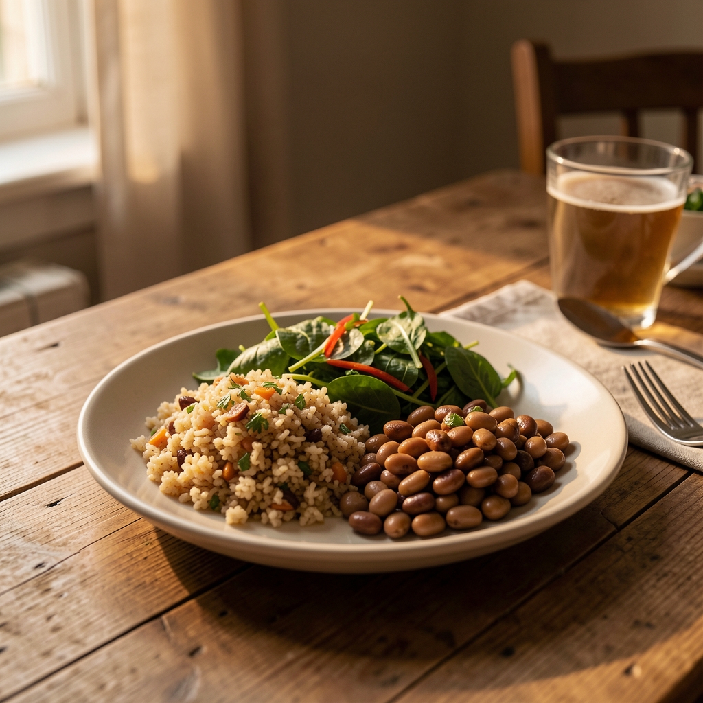 A modest home-cooked dinner plate with grains, greens and a portion of legumes on a wooden table in warm evening light
