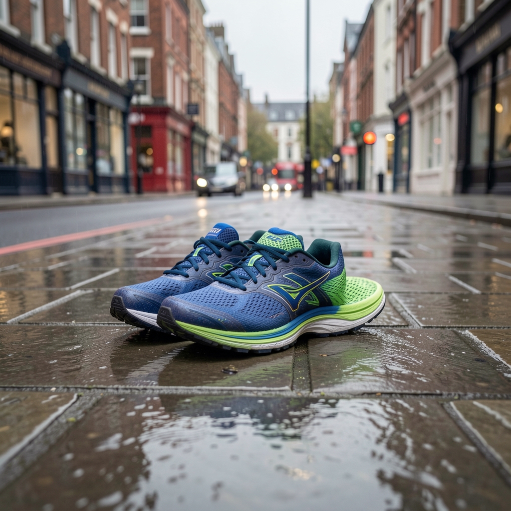 Running shoes placed on a damp pavement at dawn with soft overcast London sky in the background