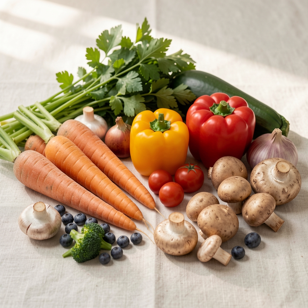 Seasonal vegetables and whole foods arranged on a pale linen surface in soft natural morning light